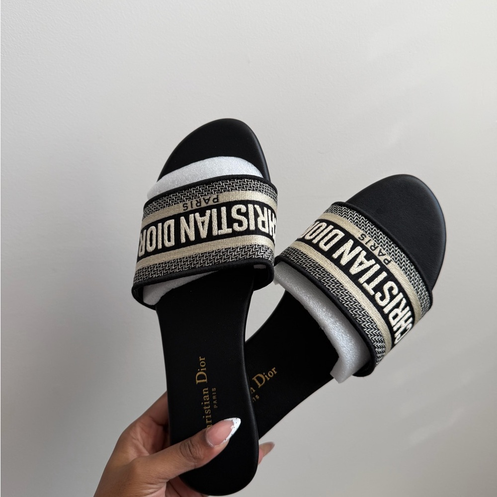 Dior Black and Ivory Logo Slide Sandals with Gold Accent